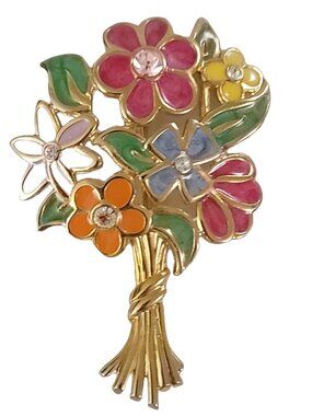Roland Gold Tone Pink Blue Purple Enamel Clear Rhinestone Flower Brooch, K479
